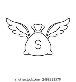 Moneybag with wings Icon. Moneybag with dollar sign. Vector stroke line icon illustration on isolated white background.