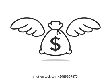 Moneybag with wings icon. Vector line icon illustration on isolated white background.