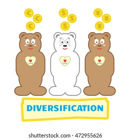 In moneybox fall different coins. Dollar, euro, yen. Piggy banks in the form of bears. Concept business of a situation. Diversification of investments