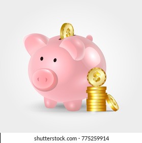 Moneybox in the form of a pig with a coin falling into it. Concept of saving money.