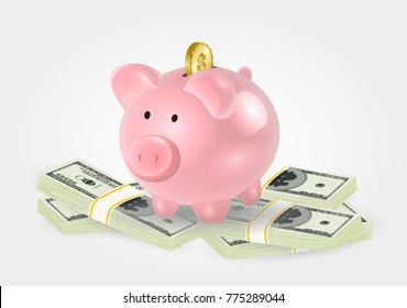 Moneybox in the form of a pig with a coin falling into it. Concept of saving money.