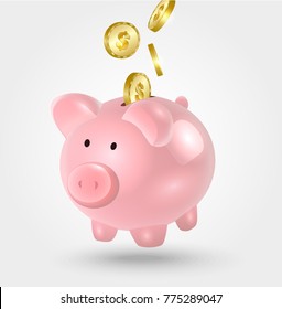 Moneybox in the form of a pig with a coins falling into it. Concept of saving money.