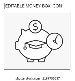  Moneybox line icon. Academic cap inside piggybank. Accumulation of money for training. Economy. Wealth concept. Isolated vector illustration.Editable stroke