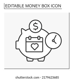 Moneybox line icon. Calendar inside piggybank. Accumulation of money for a special date. Wealth concept. Isolated vector illustration.Editable stroke