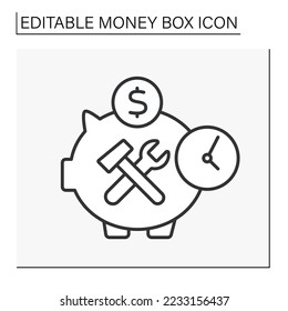  Moneybox line icon. Crossed instruments inside piggybank. Accumulation of money for repair. Economy. Wealth concept. Isolated vector illustration.Editable stroke