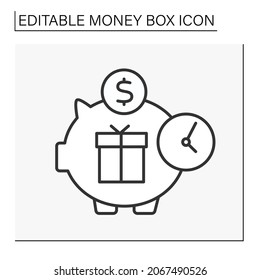 Moneybox line icon. Present box inside piggybank. Economy. Accumulation of money for buying gifts. Wealth concept. Isolated vector illustration.Editable stroke