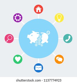 Moneybox vector icon. Bonus icons: house, light bulb, phone, speech bubble, email, heart, magnifying glass, settings.