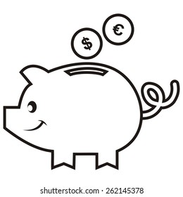 moneybox,  white pig with dollar and euro, black contour