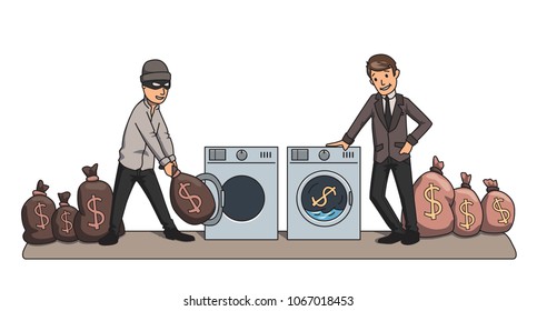 Money-laundering. The criminal and the businessman washing money in the machines. Concept vector illustration.