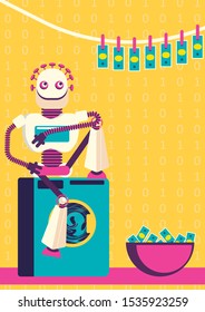Money-laundering in cyber crime industry. How artificial intelligence will help defrauders.
A robot is washing the money and hanging out clean bank notes for drying