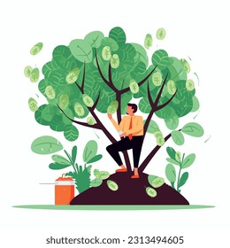 el cultivo con fines de lucro es una representación visual de un hombre que cultiva un árbol de dinero para el éxito empresarial. cultivo de árboles de dinero