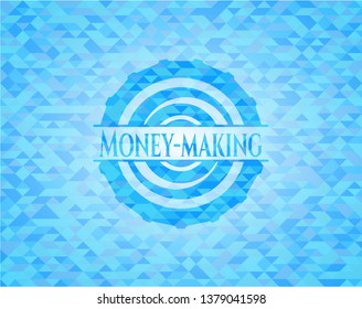 Money-making light blue emblem with triangle mosaic background