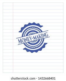 Money-making pen emblem. Blue ink. Vector Illustration. Detailed.