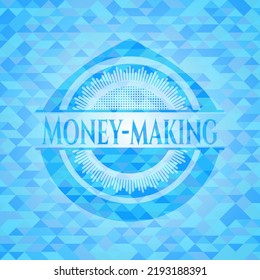 Money-making sky blue emblem with mosaic background. 