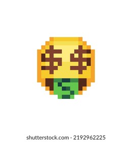 Money-mouth face. Smiling emoticon, emoji, smiley. Pixel art style. Funny cartoon character. Web icon. Facial expression. 8-bit style. Isolated abstract vector illustration.