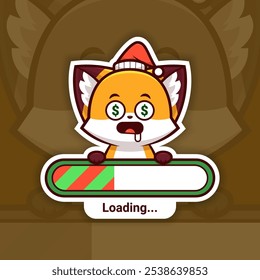 Navidades obsesionadas con el dinero Fox Holding a Loading Bar, lindo diseño de pegatinas de Vector, las vacaciones están llegando