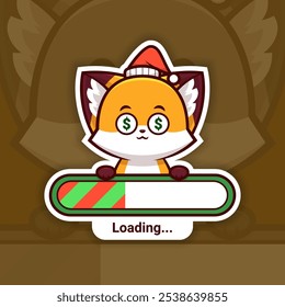 Money-Obsessed Christmas Fox Holding a Loading Bar, Cute Vector Sticker Design, holidays are coming
