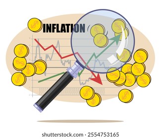Inflation inspection. Money's and Graphics. Reduce Value of Money over time, High Cost of Living. Vector illustration for Web Banner, Infographics, Mobile
