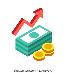 Moneys with grow up arrow vector illustration in isometric design
