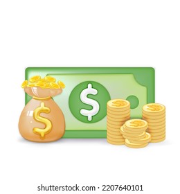 Concepto de ahorro de dinero. Monedas apiladas y paquetes de dinero sobre fondo blanco. 3.ª ilustración