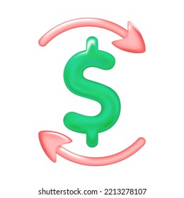 Money-saving concept. Dolla sign and arrow of money on white background as exchange and transfer concept. 3d vector illustration