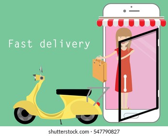 Monger filed a bag placed on yellow motorbike. For employees Bring products send to customers. vector illustration flat design