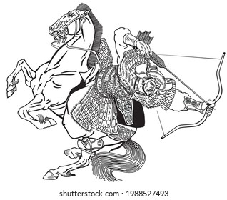 Mongol Archer Warrior On A Horseback Riding A Pony Horse And Shooting A Bow And Arrow. Medieval Time Of Genghis Khan. Ancient East Asian Cavalry. Isolated Vector Illustration. Black And White