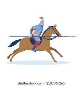 Mongol Conquest Concept. Brave Male Character In Protective Suit Rides Horse And Hits Enemies With Sharp Spear. Subjugation Of Peoples And Lands. Time Of Genghis Khan. Cartoon Flat Vector Illustration