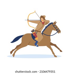 Mongol Conquest Concept. Strong Asian Man In Warm Clothes Rides Horse And Shoots Arrow. War With Enemies. Time Of Genghis Khan. Seizure Of New Lands And Subjugation. Cartoon Flat Vector Illustration