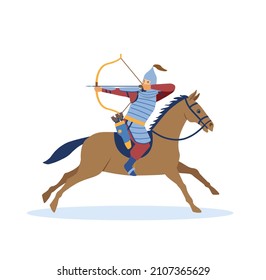 Mongol Conquest Concept. Strong Male Rider In Armor And Helmet Shoots Arrows At Enemies Behind Him. Asian Man On Horse Fighting For New Lands. Time Of Genghis Khan. Cartoon Flat Vector Illustration