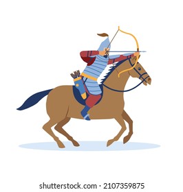 Mongol Conquest Concept. Young Strong Asian Man In Metal Armor And Helmet Rides Horse And Shoots Arrows At Opponents. War For New Lands. Time Of Genghis Khan. Cartoon Flat Vector Illustration