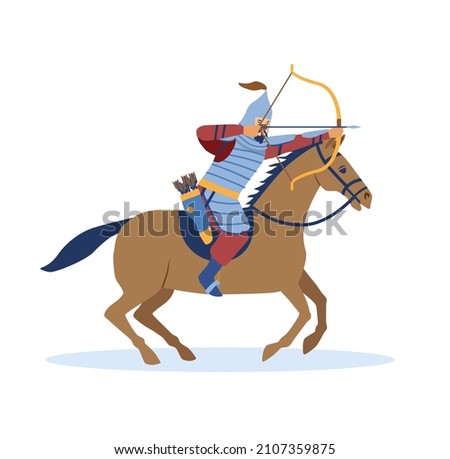 Mongol conquest concept. Young strong Asian man in metal armor and helmet rides horse and shoots arrows at opponents. War for New Lands. Time Of Genghis Khan. Cartoon flat vector illustration