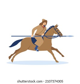 Mongol conquest. Poster with brave bearded man in warm clothes on horse. Asian male character kills enemies with spear. War for territory. Time Of Genghis Khan. Cartoon flat vector illustration