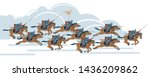 Mongol conquest. Time Of Genghis Khan. Medieval Asian cavalry warriors fight with swords and spears. Vector illustration on isolated background. Flat cartoon style.