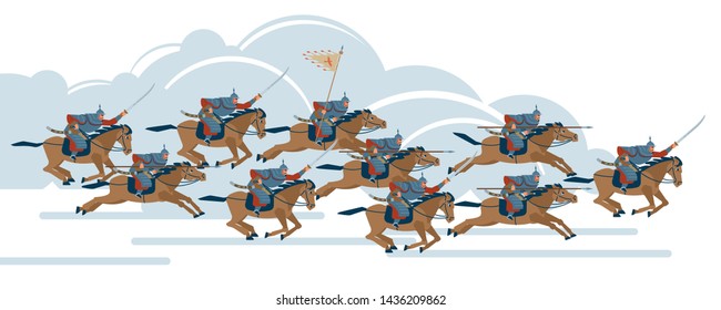 Mongol Conquest. Time Of Genghis Khan. Medieval Asian Cavalry Warriors Fight With Swords And Spears. Vector Illustration On Isolated Background. Flat Cartoon Style.