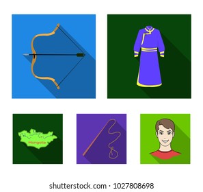 .mongol dressing gown, battle bow, theria on the map, Urga, Khlyst. Mongolia set collection icons in flat style vector symbol stock illustration web.