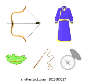 .mongol dressing gown, battle bow, theria on the map, Urga, Khlyst. Mongolia set collection icons in cartoon style vector symbol stock illustration web.