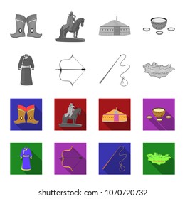 mongol dressing gown, battle bow, theria on the map, Urga, Khlyst. Mongolia set collection icons in monochrome,flat style vector symbol stock illustration web.