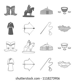 .mongol dressing gown, battle bow, theria on the map, Urga, Khlyst. Mongolia set collection icons in outline,monochrome style vector symbol stock illustration web.