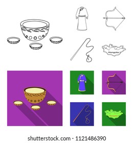 .mongol dressing gown, battle bow, theria on the map, Urga, Khlyst. Mongolia set collection icons in outline,flat style vector symbol stock illustration web.