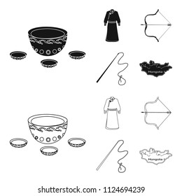 .mongol dressing gown, battle bow, theria on the map, Urga, Khlyst. Mongolia set collection icons in black,outline style vector symbol stock illustration web.
