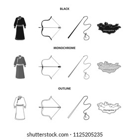 Mongol dressing gown, battle bow, Theria on the map, Urga, Khlyst. Mongolia set collection icons in black, monochrome, outline style vector symbol stock illustration web.