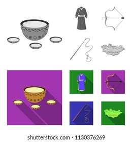 .mongol dressing gown, battle bow, theria on the map, Urga, Khlyst. Mongolia set collection icons in monochrome,flat style vector symbol stock illustration web.