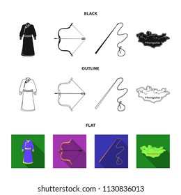 .mongol dressing gown, battle bow, theria on the map, Urga, Khlyst. Mongolia set collection icons in black,flat,outline style vector symbol stock illustration web.