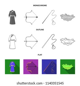 .mongol dressing gown, battle bow, theria on the map, Urga, Khlyst. Mongolia set collection icons in flat,outline,monochrome style vector symbol stock illustration web.