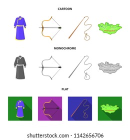 .mongol dressing gown, battle bow, theria on the map, Urga, Khlyst. Mongolia set collection icons in cartoon,flat,monochrome style vector symbol stock illustration web.
