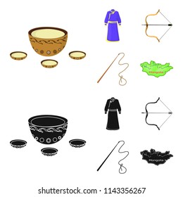 .mongol dressing gown, battle bow, theria on the map, Urga, Khlyst. Mongolia set collection icons in cartoon,black style vector symbol stock illustration web.