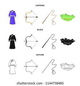 .mongol dressing gown, battle bow, theria on the map, Urga, Khlyst. Mongolia set collection icons in cartoon,black,outline style vector symbol stock illustration web.