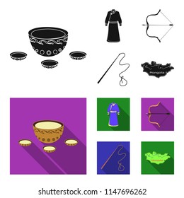 .mongol dressing gown, battle bow, theria on the map, Urga, Khlyst. Mongolia set collection icons in black,flat style vector symbol stock illustration web.