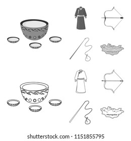 .mongol dressing gown, battle bow, theria on the map, Urga, Khlyst. Mongolia set collection icons in outline,monochrome style vector symbol stock illustration web.